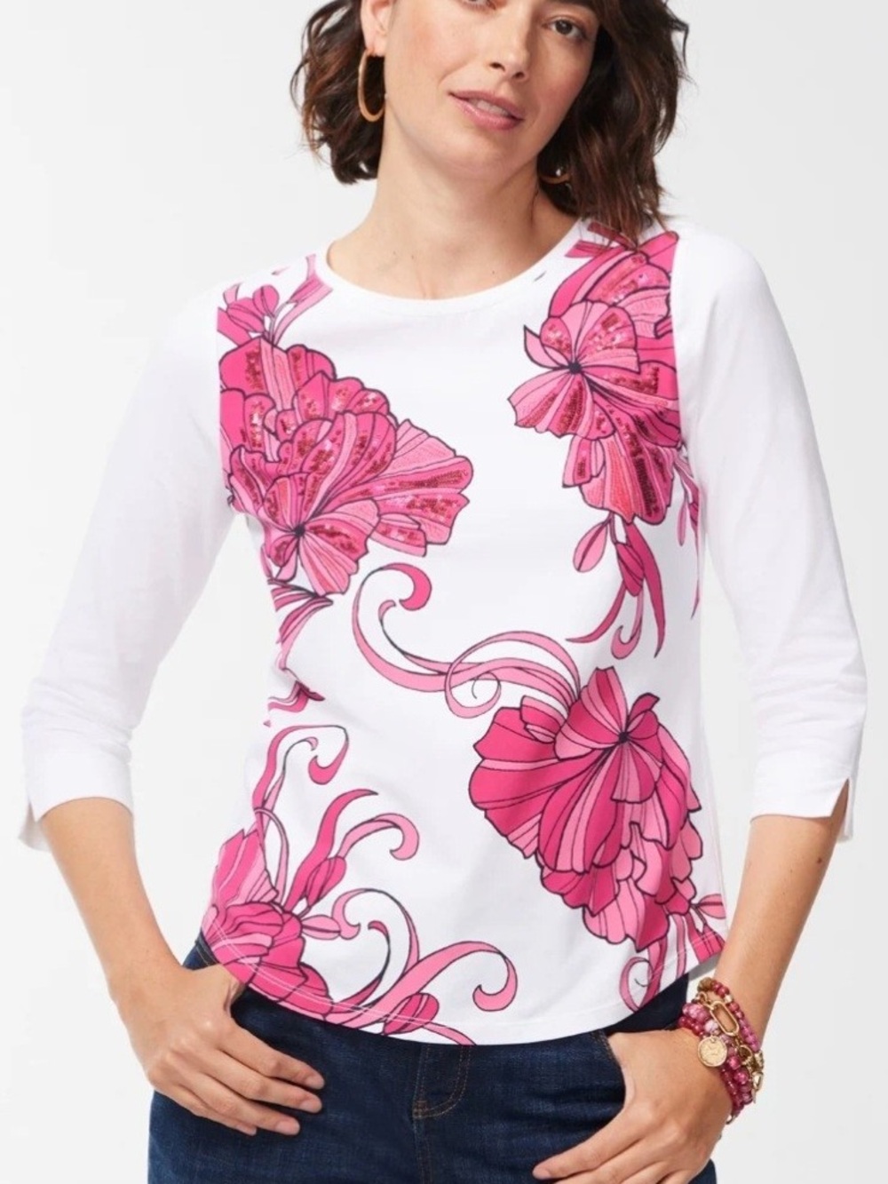 Chicos Women Sz 2 US L Kasbah Pink Floral Embellished Perfect Tee NWT